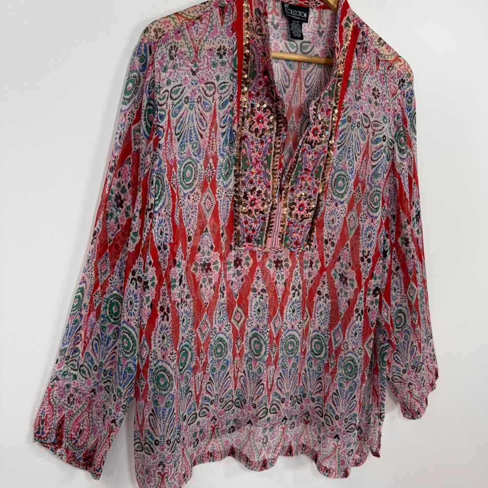 NY Collection 100% Silk Sequin Tunic Blouse Sheer Resort Top Boho Paisley Small - Picture 5 of 11